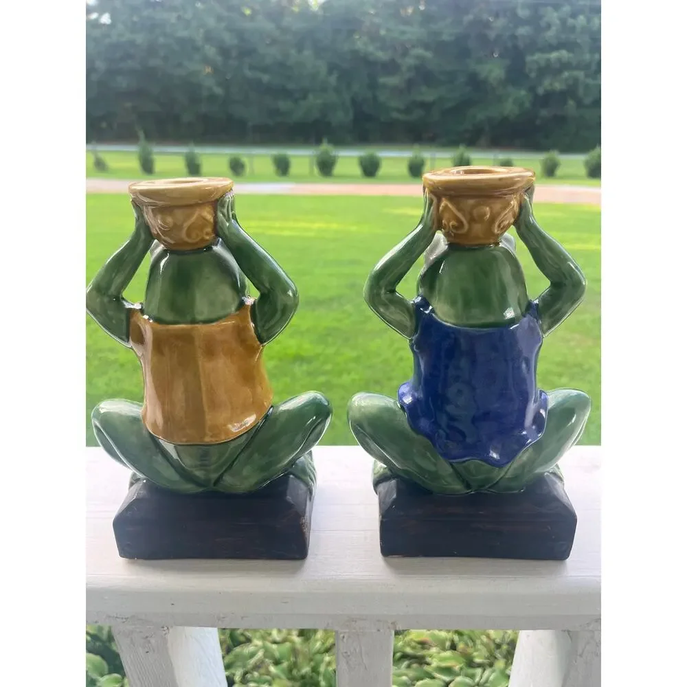 Vintage Ceramic Frog Candle Holder Pair
